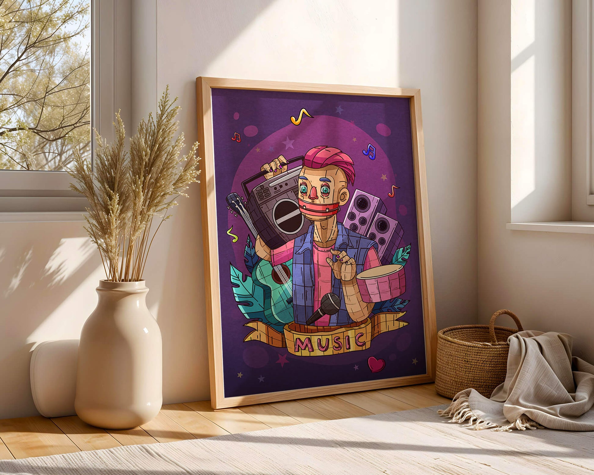 Illustration colorée sur le thème de la musique avec un personnage et des instruments