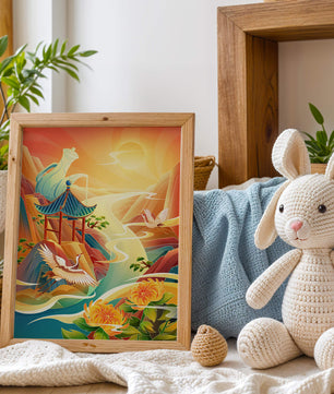 Mystical landscape with cranes and serene mountains