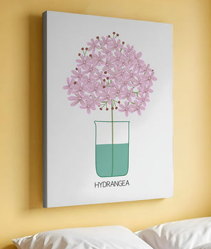 Illustration von Hortensienblüten in einer Vase mit eleganter Linienkunst
