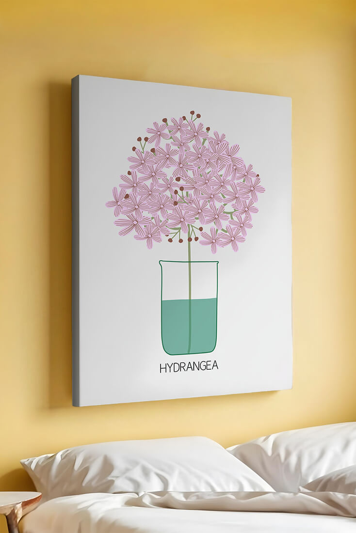 Illustration von Hortensienblüten in einer Vase mit eleganter Linienkunst