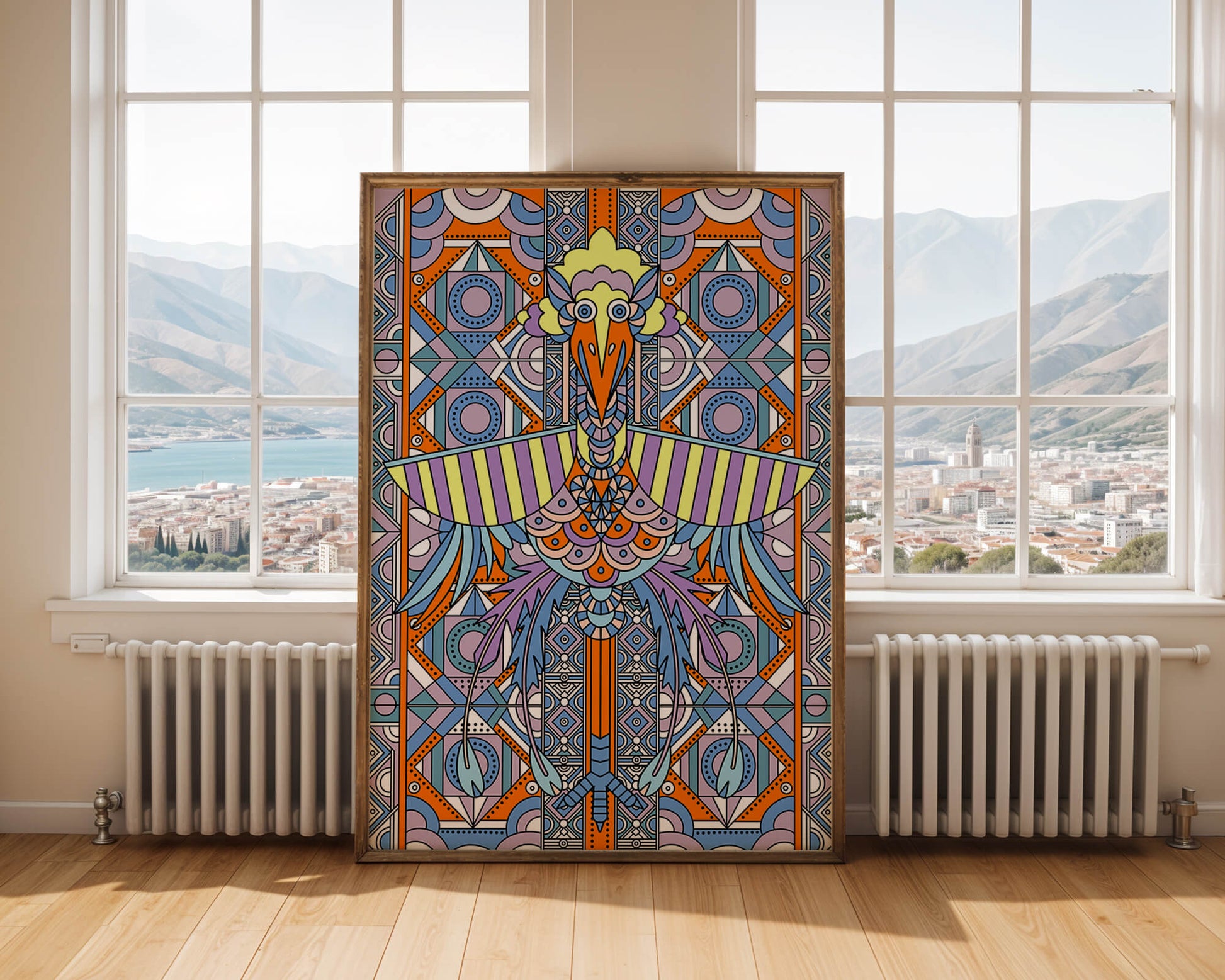 Arte geométrico de aves con patrones coloridos y detalles intrincados