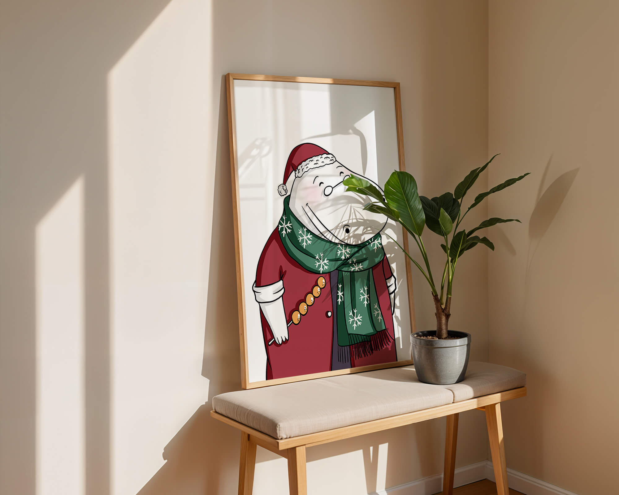 Festive hippo in a red outfit with a green snowflake scarf