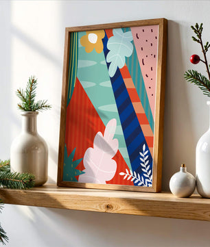 Abstract floral geometric design with vibrant colors and bold patterns