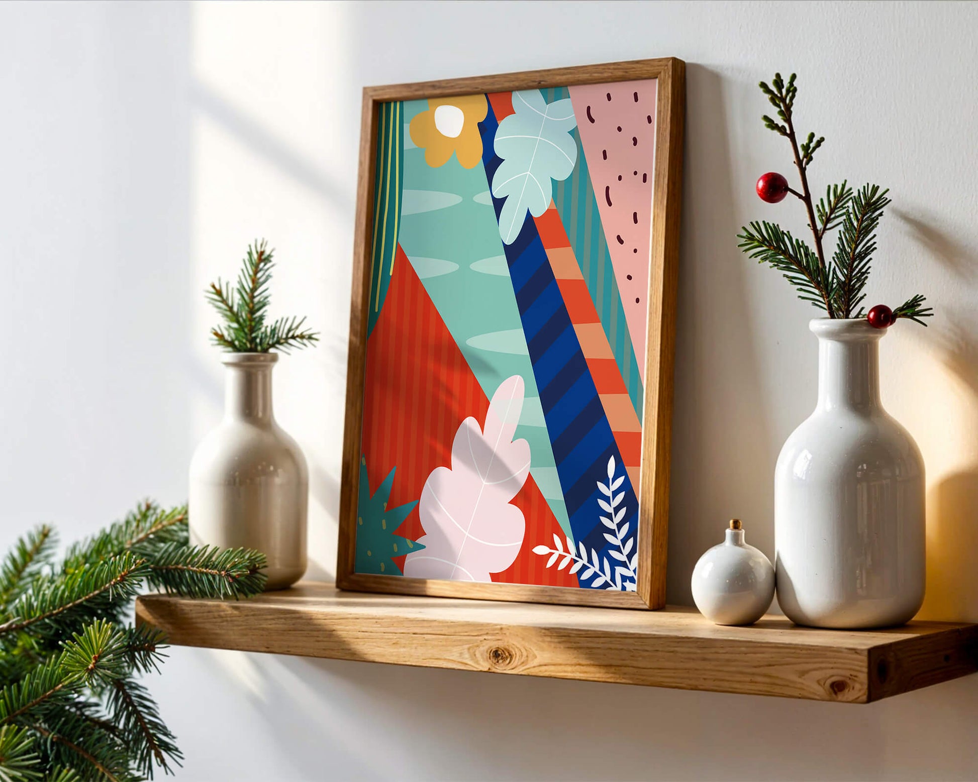 Abstract floral geometric design with vibrant colors and bold patterns