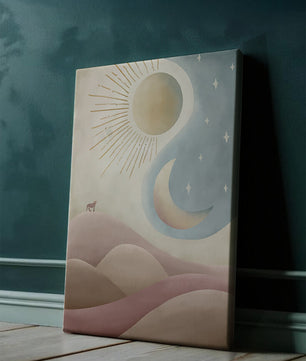 Minimalist landscape with sun, moon, and wolf in pastel hues