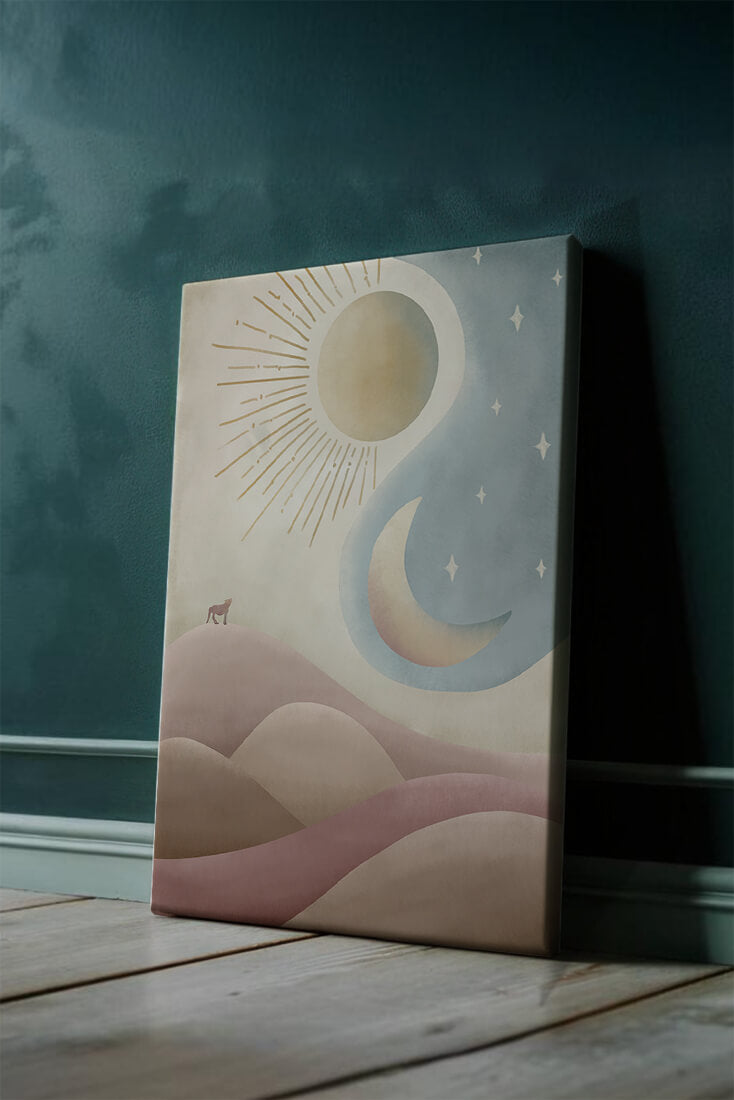 Minimalist landscape with sun, moon, and wolf in pastel hues
