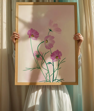 Delicadas flores de cosmos rosa sobre un fondo pastel suave