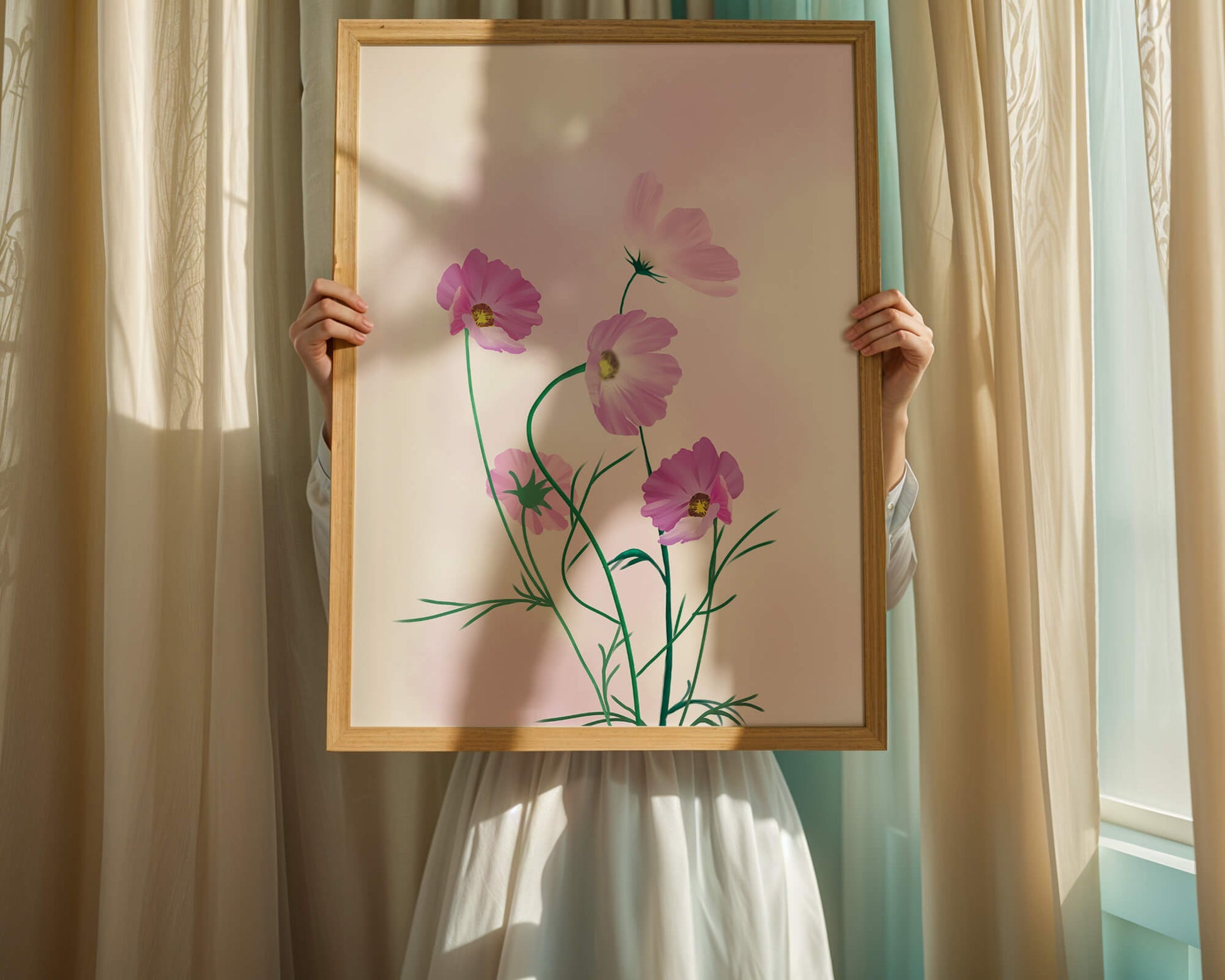Delicate Pink Cosmos Flowers on Soft Pastel Background