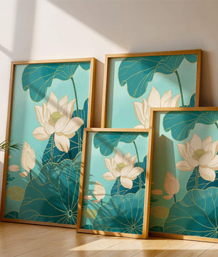 Lotus Flowers with Golden Accents on Aqua Background