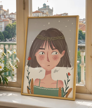 Illustrated girl with a braided crown, floral accents, and expressive features