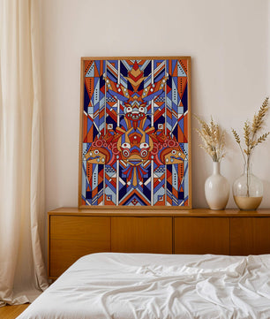 Arte tribal geométrico con colores vibrantes y patrones simétricos