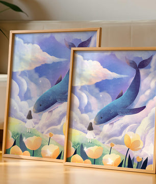 Paisaje surrealista con una ballena gigante y elementos caprichosos
