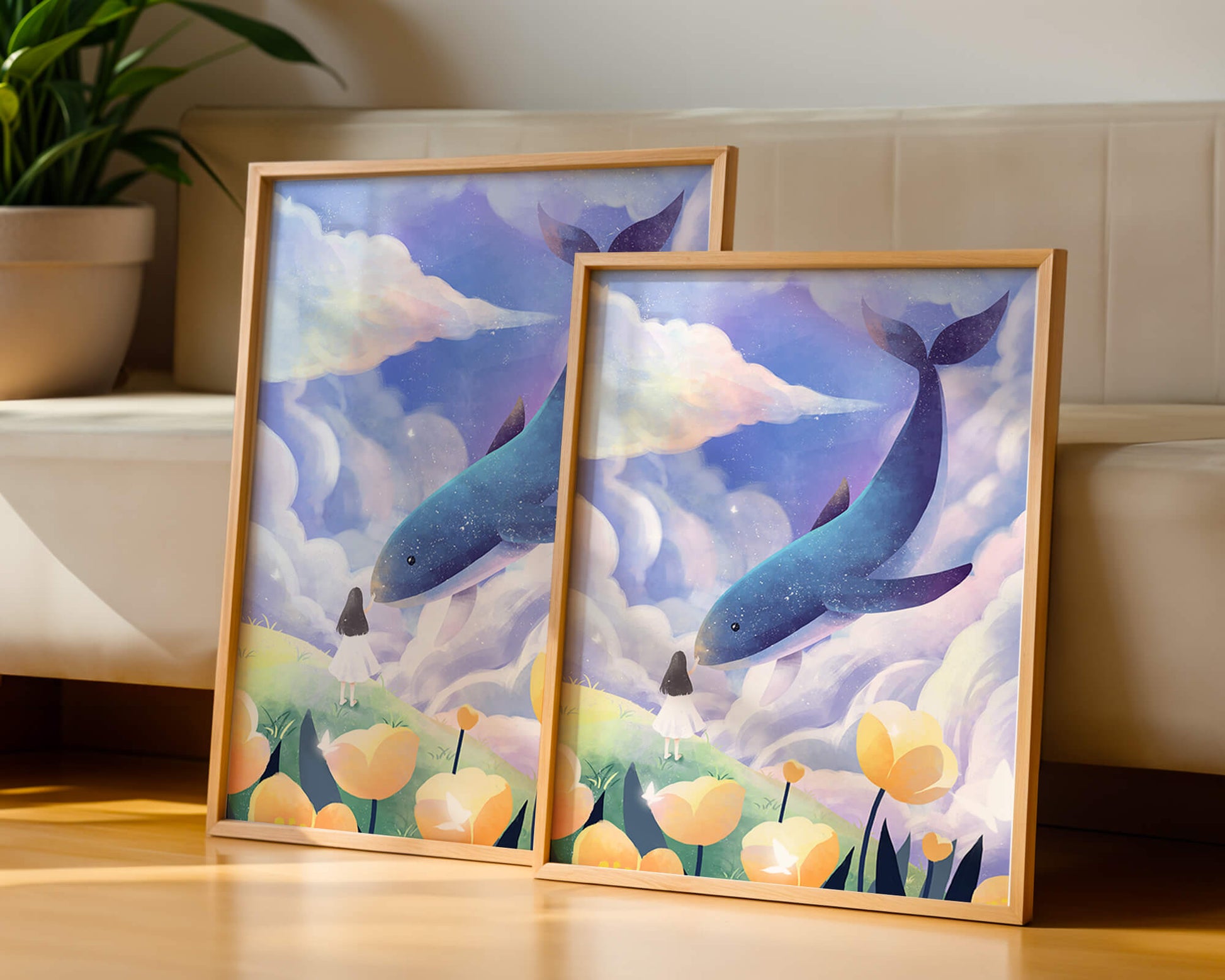 Paisaje surrealista con una ballena gigante y elementos caprichosos