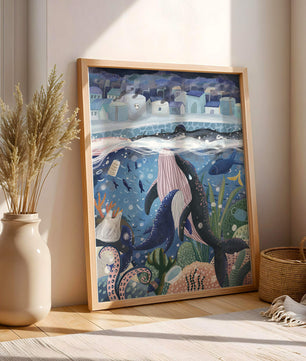Ville sous-marine fantaisiste avec vie marine et pollution