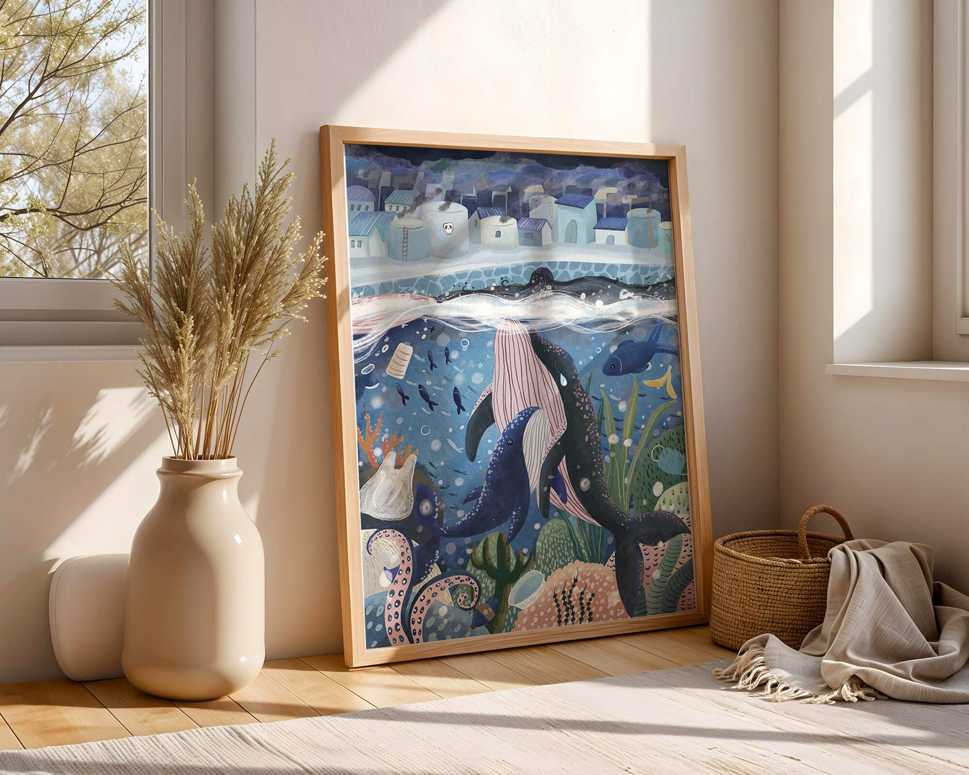 Whimsical Underwater City with Marine Life and Pollution