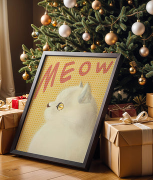 Profile View of a White Cat with Meow Text on Yellow Background