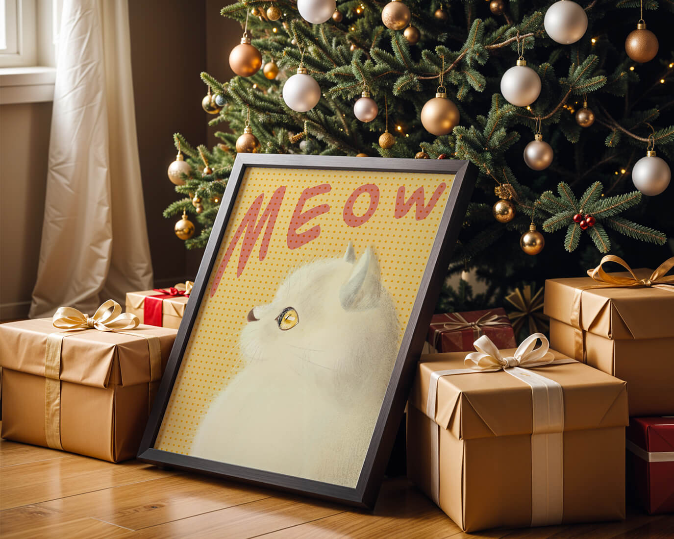 Profile View of a White Cat with Meow Text on Yellow Background