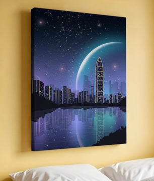 Paisaje urbano futurista bajo un cielo estrellado