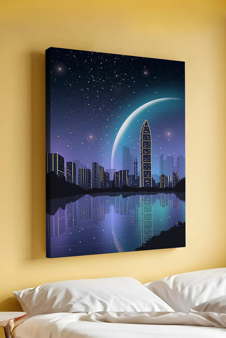 Futuristic cityscape under a starry night sky