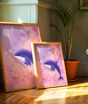 Dreamlike underwater scene with dolphin and moonlit sky