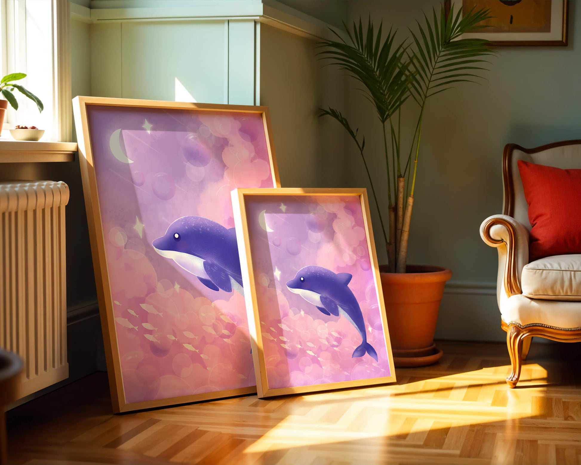 Dreamlike underwater scene with dolphin and moonlit sky