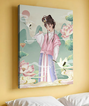 Femme élégante en tenue traditionnelle avec lotus en fleurs et grues