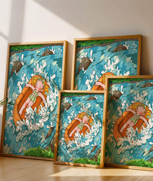 Adventurous raft ride down a vibrant cartoon river with character