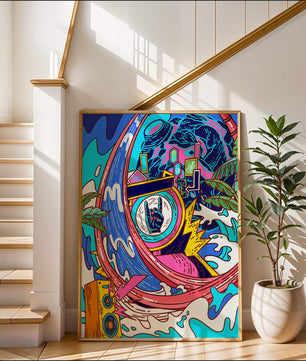 Vibrant abstract art with waves and neon elements
