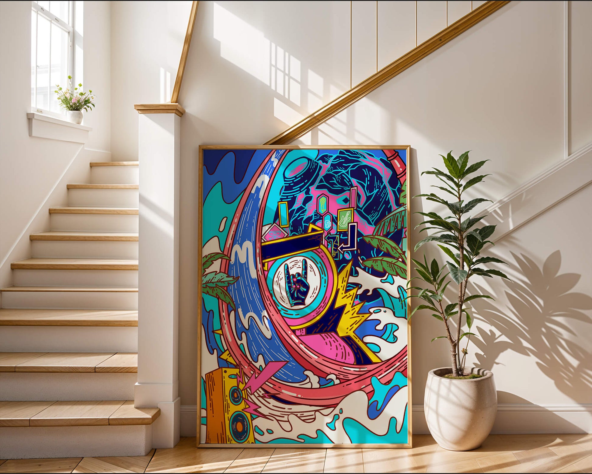 Vibrant abstract art with waves and neon elements