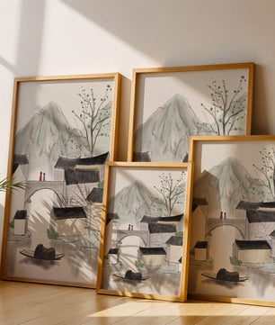 Serene mountain village ink painting with bridge and boat