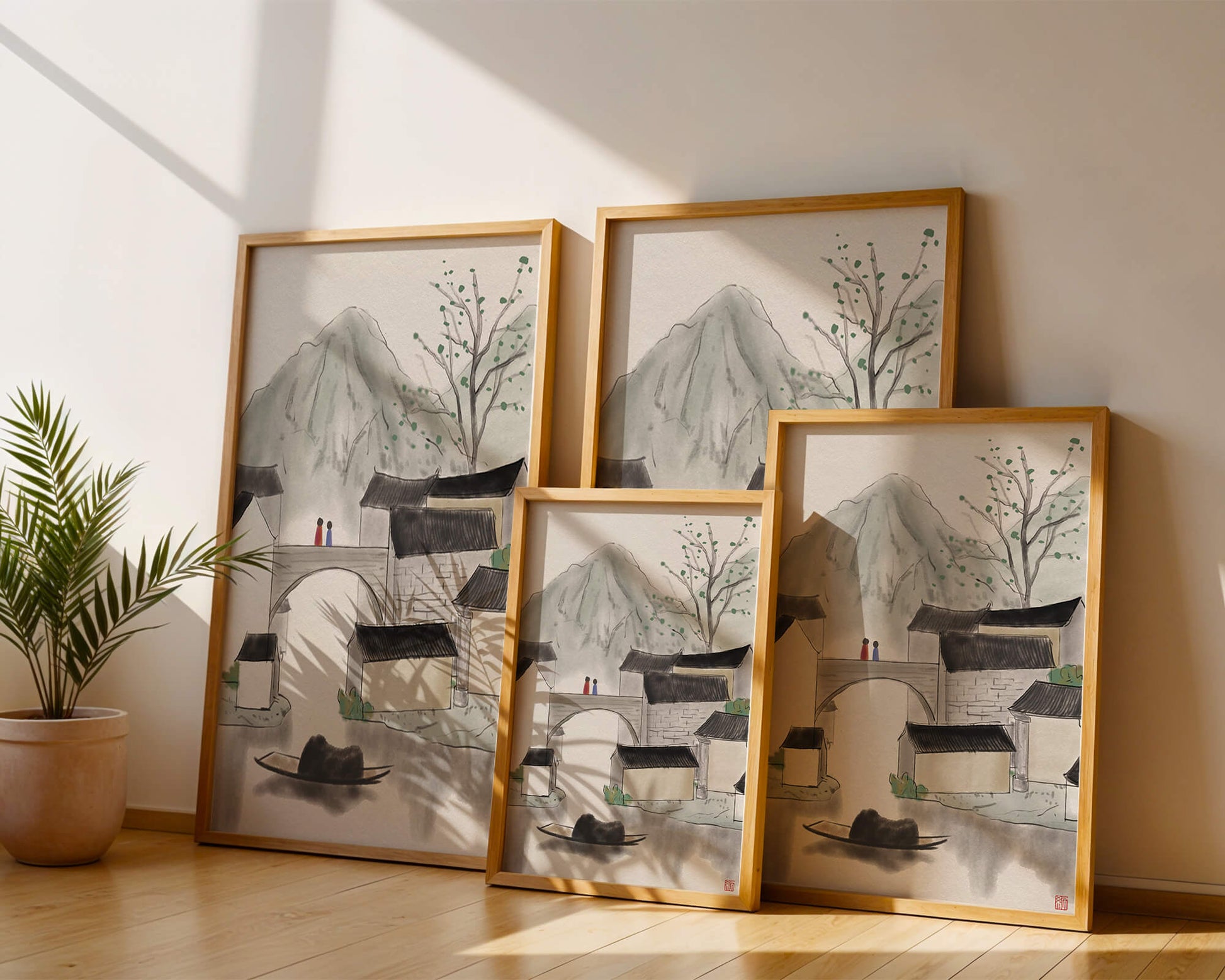 Pintura de tinta de un tranquilo pueblo montañoso con puente y barco