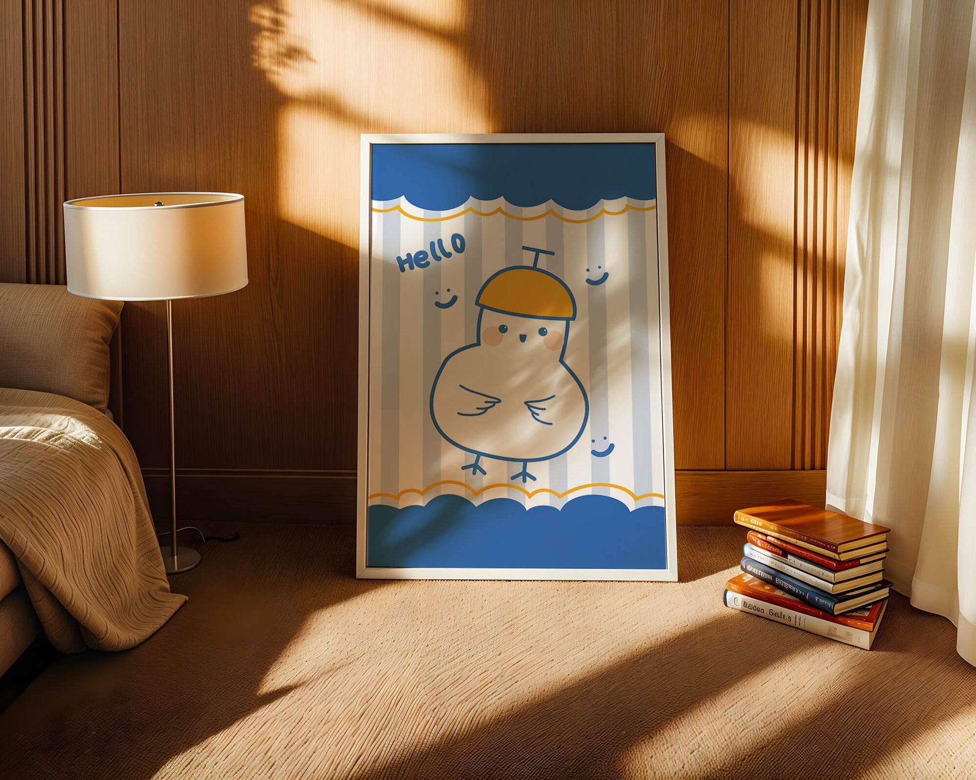 Cartoon bird illustration with cheerful design elements