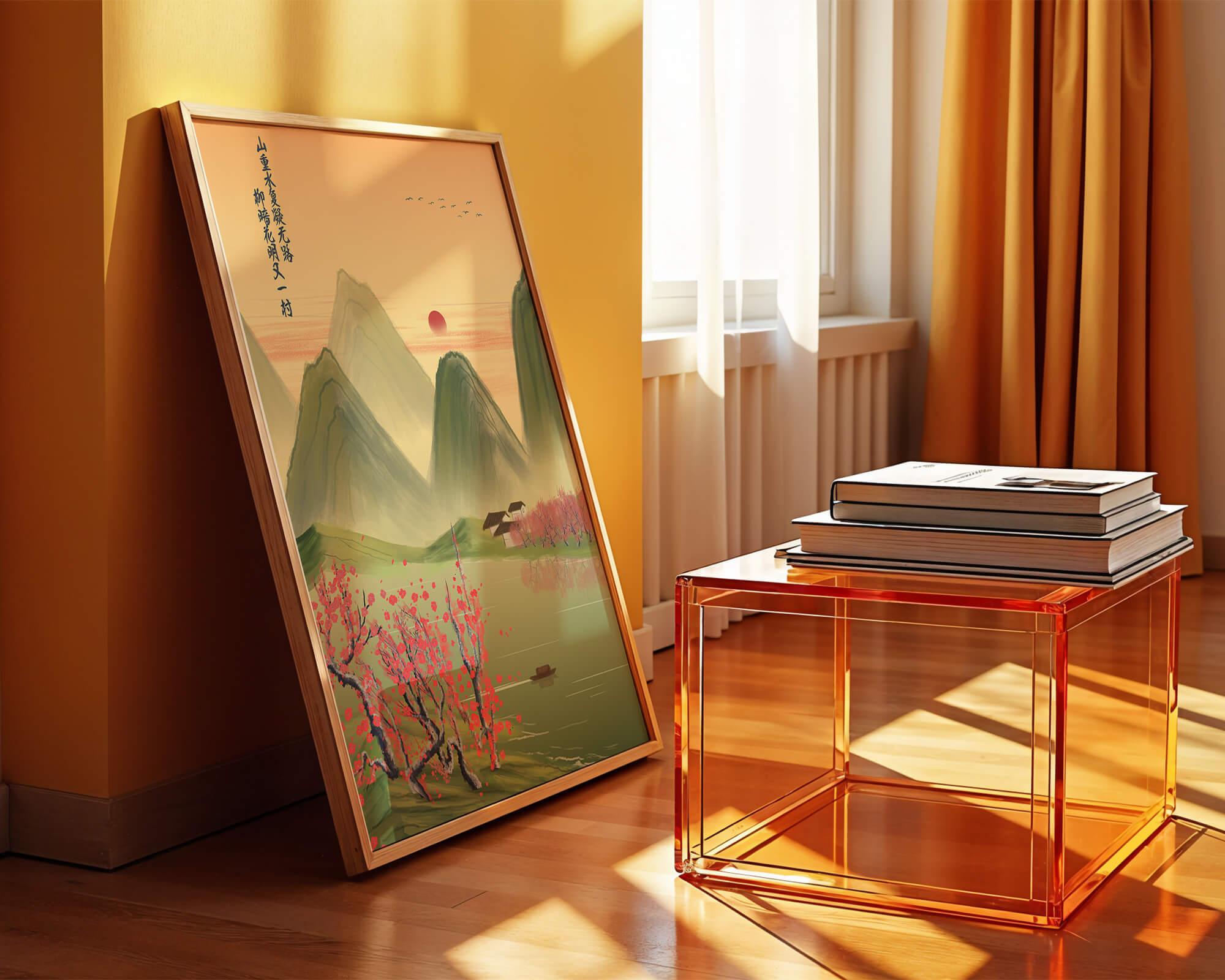 Serene landscape illustration with mountains and cherry blossoms
