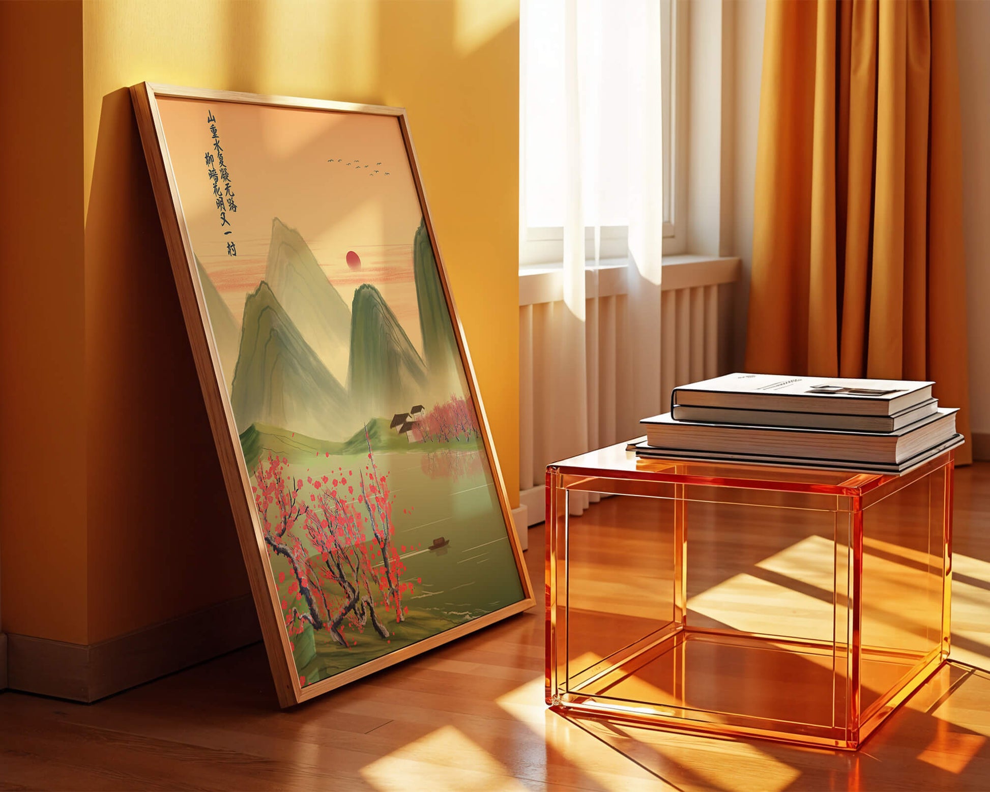 Serene landscape illustration with mountains and cherry blossoms