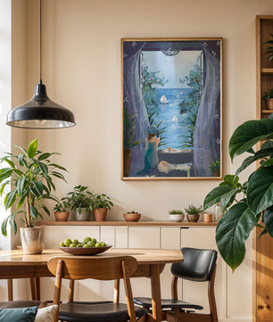 Peaceful Seaside View Through Open Window with Girl and Cat