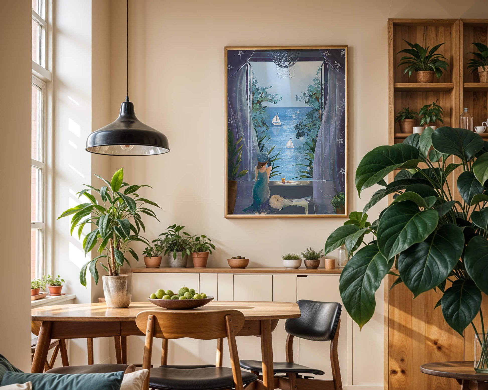 Peaceful Seaside View Through Open Window with Girl and Cat