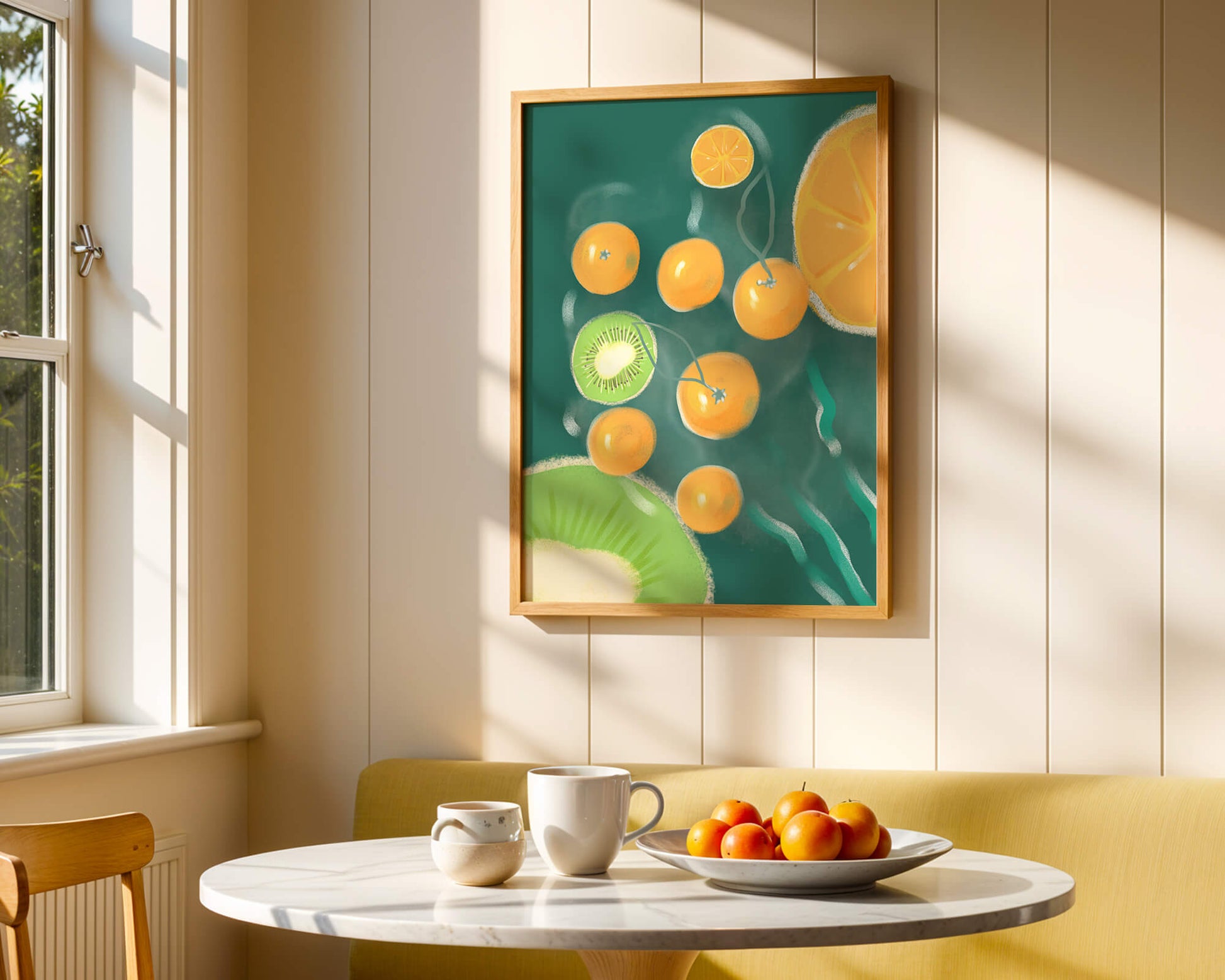 Vibrant kiwi and orange fruit pattern illustration