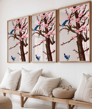 Ilustración encantadora de un árbol de cerezo con pájaros