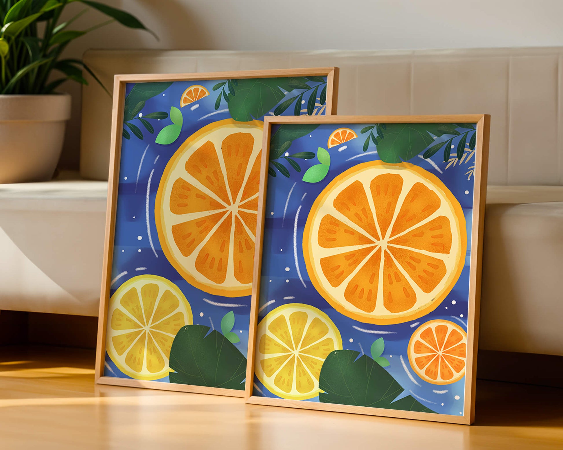 Rodajas de cítricos coloridas sobre fondo azul con hojas tropicales