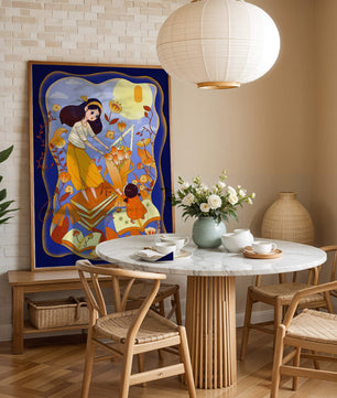 Whimsical illustration with woman and child among books and flowers