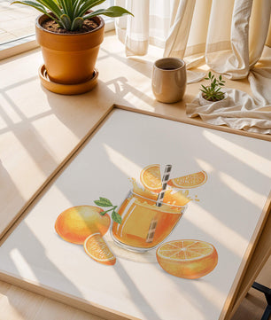 Illustration of a refreshing orange juice with fresh oranges and splash