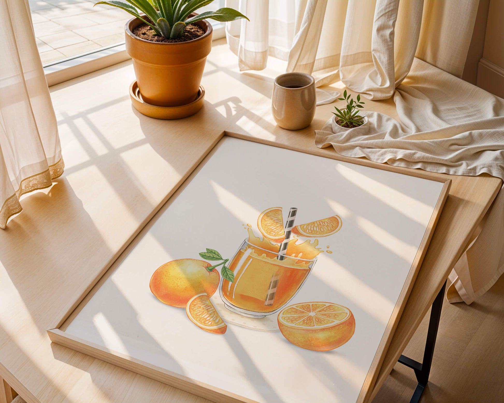 Illustration of a refreshing orange juice with fresh oranges and splash
