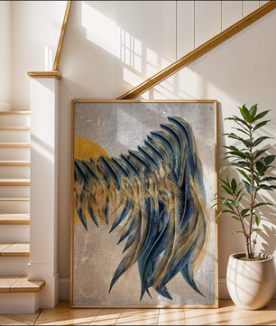 Abstract Composition with Blue and Gold Accents on Textured Background