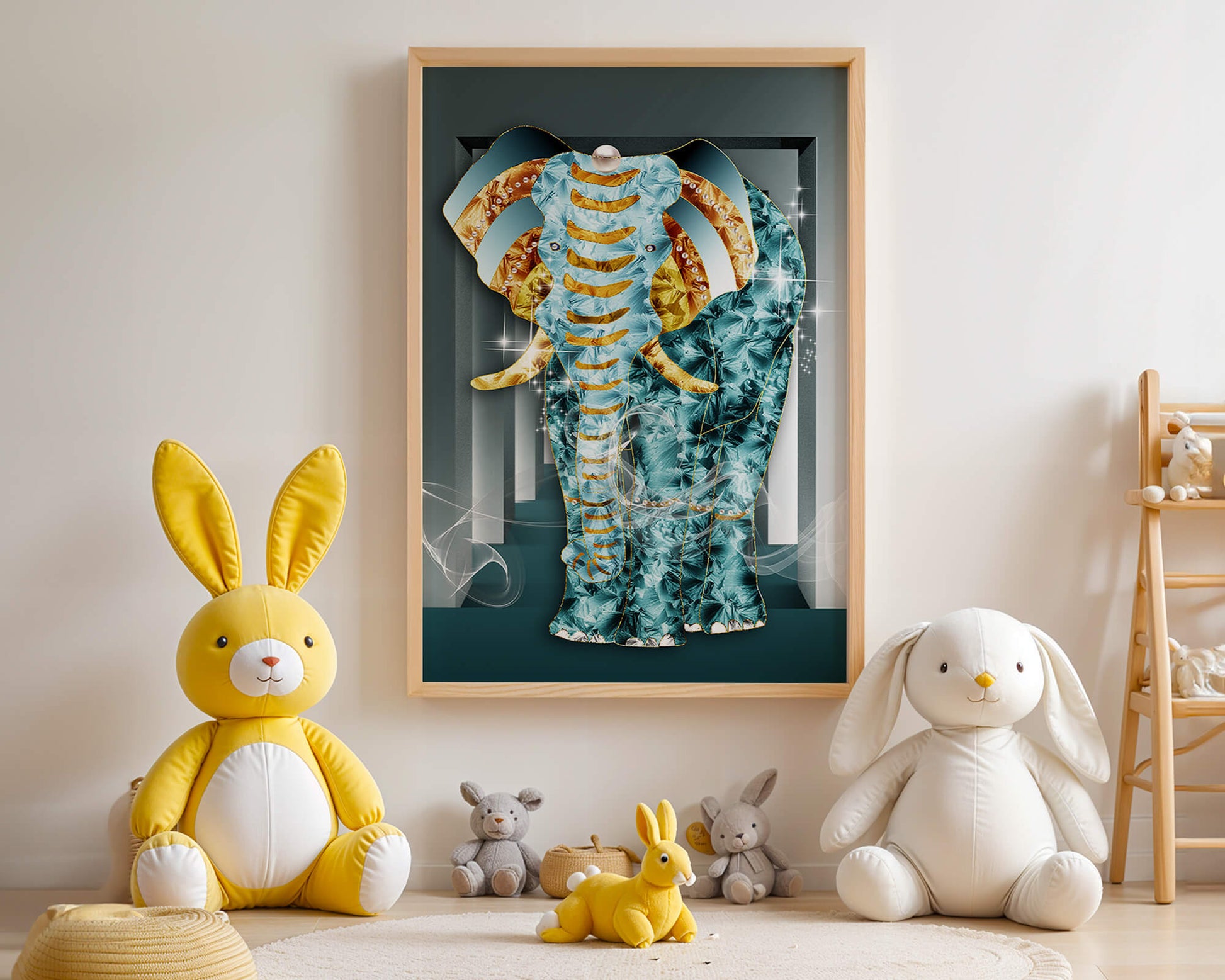 Elephant with Gold and Blue Textures in Surreal Geometric Background