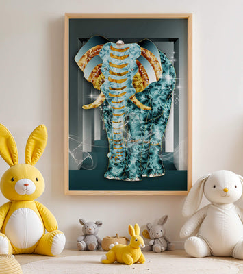 Elephant with Gold and Blue Textures in Surreal Geometric Background