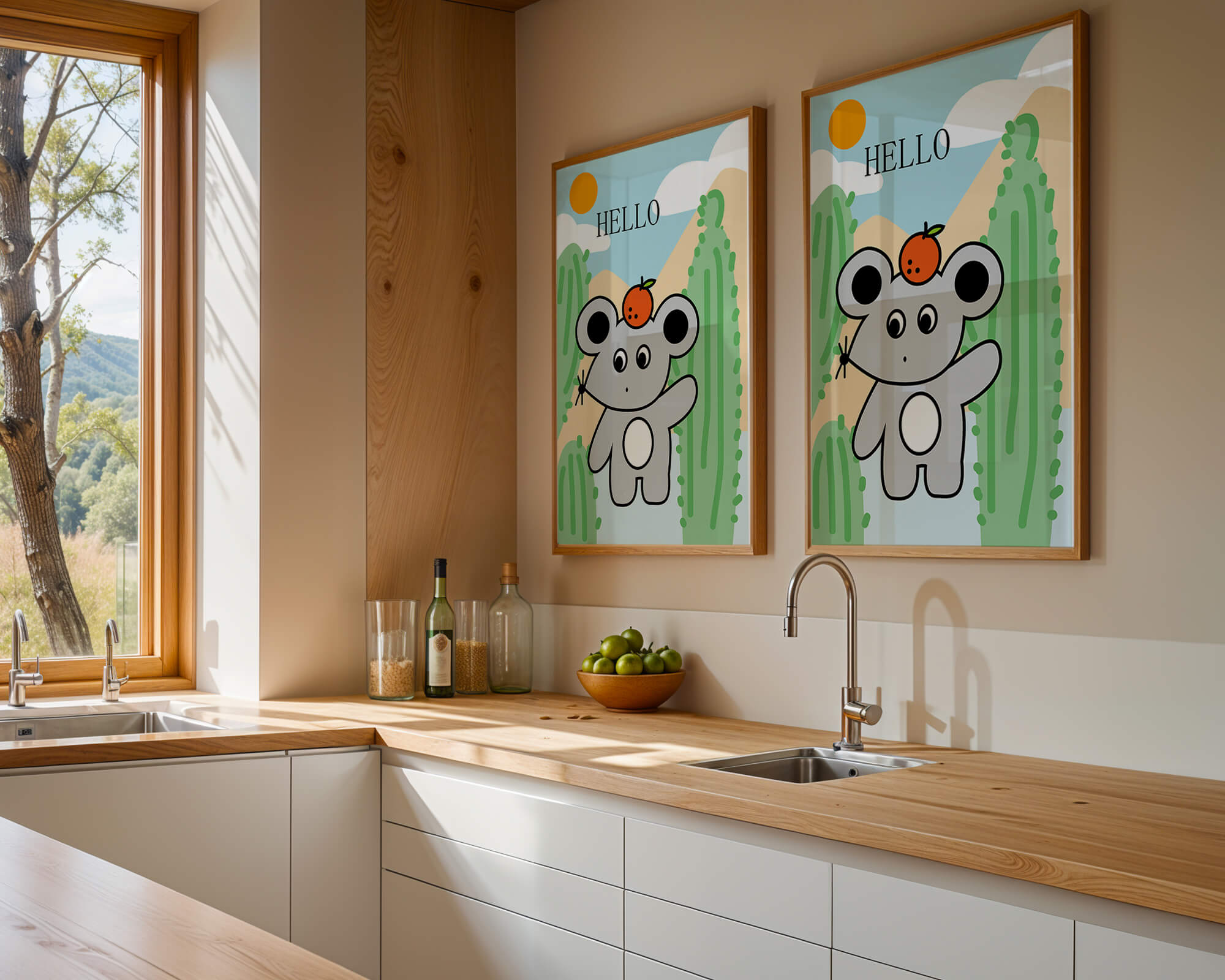 Cute illustration of a mouse with an orange on a sunny background