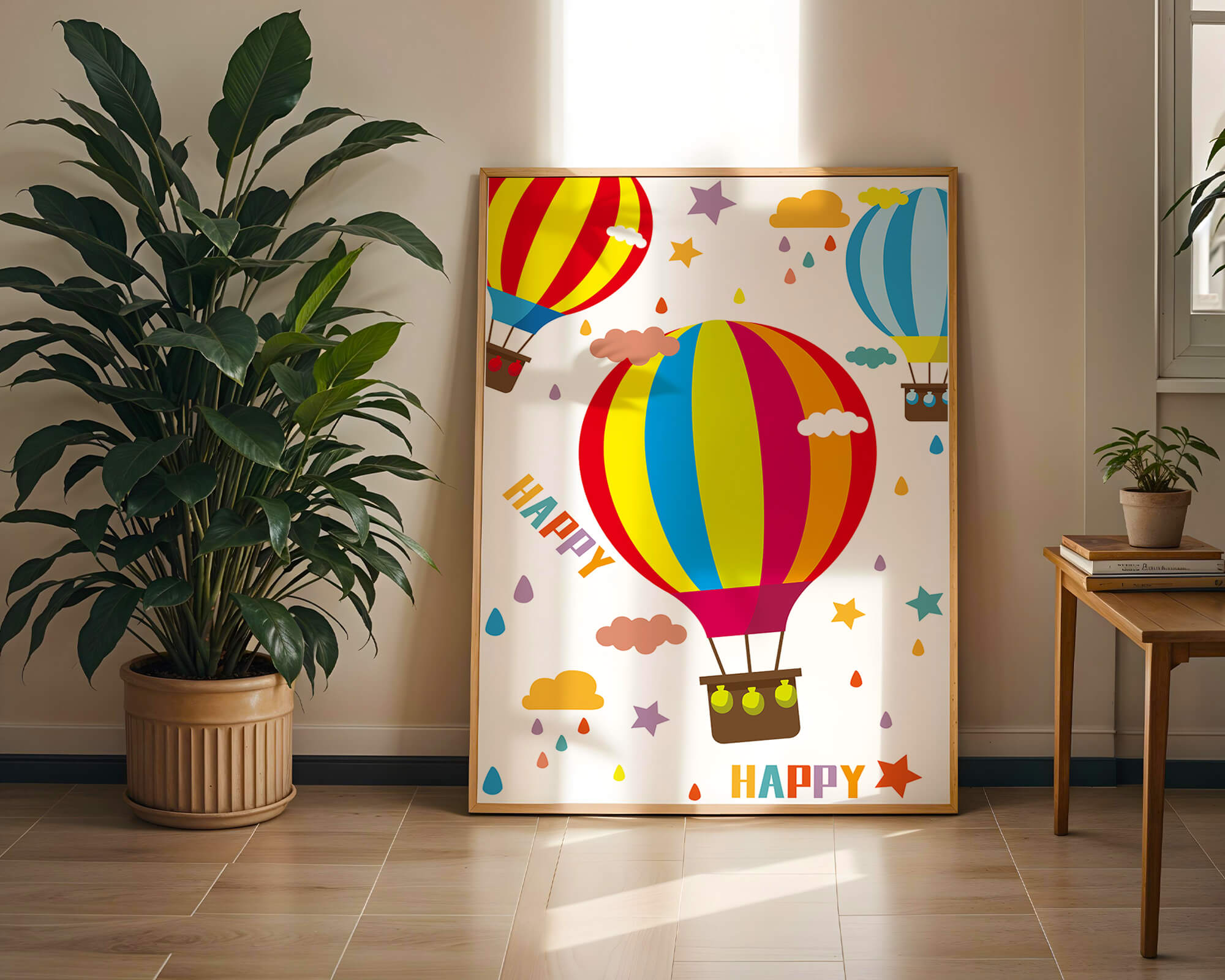 Colorful hot air balloons and happy clouds illustration