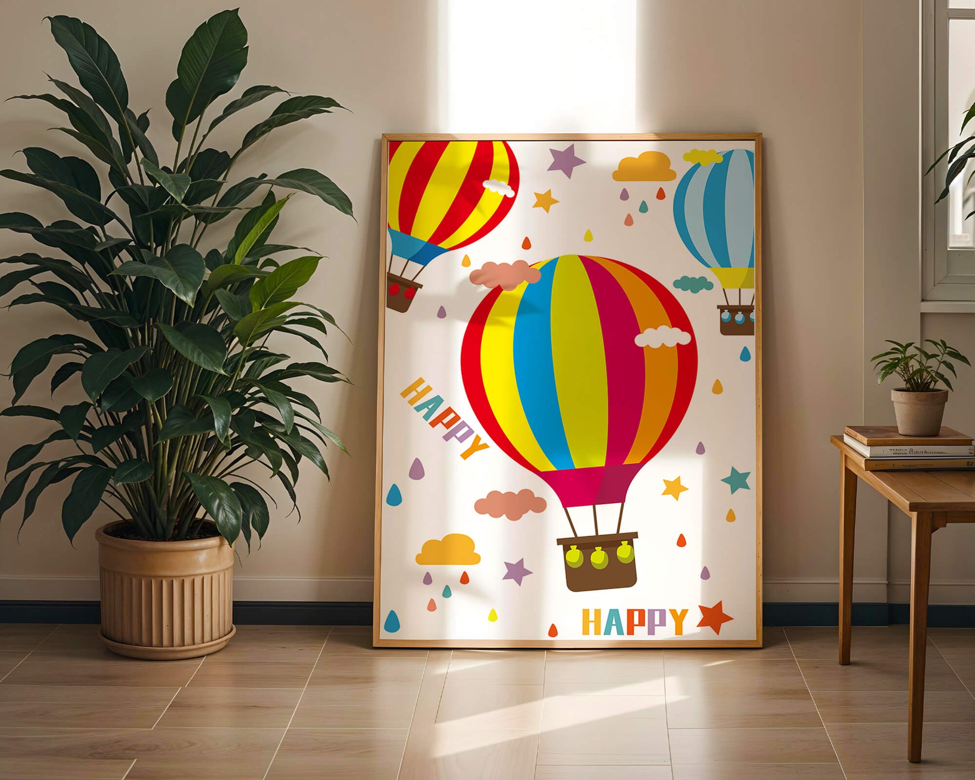 Colorful hot air balloons and happy clouds illustration