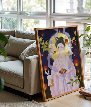 Mid-Autumn Festival Illustration with Moon Goddess and Rabbits
