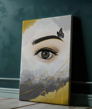 Artistic eye illustration with butterfly and abstract gold accents